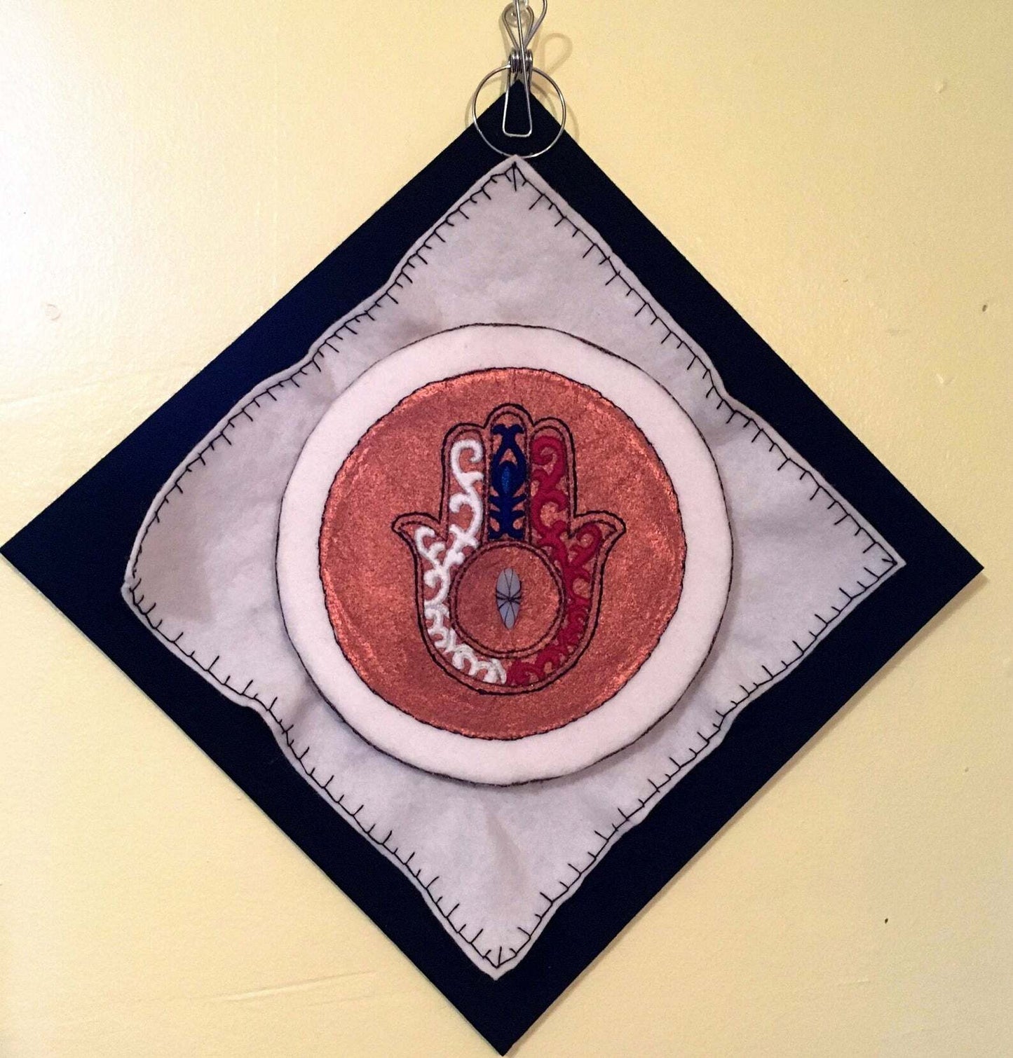 Mixed Media Hamsa | Embroidered Judaica Fiber Art and Paint
