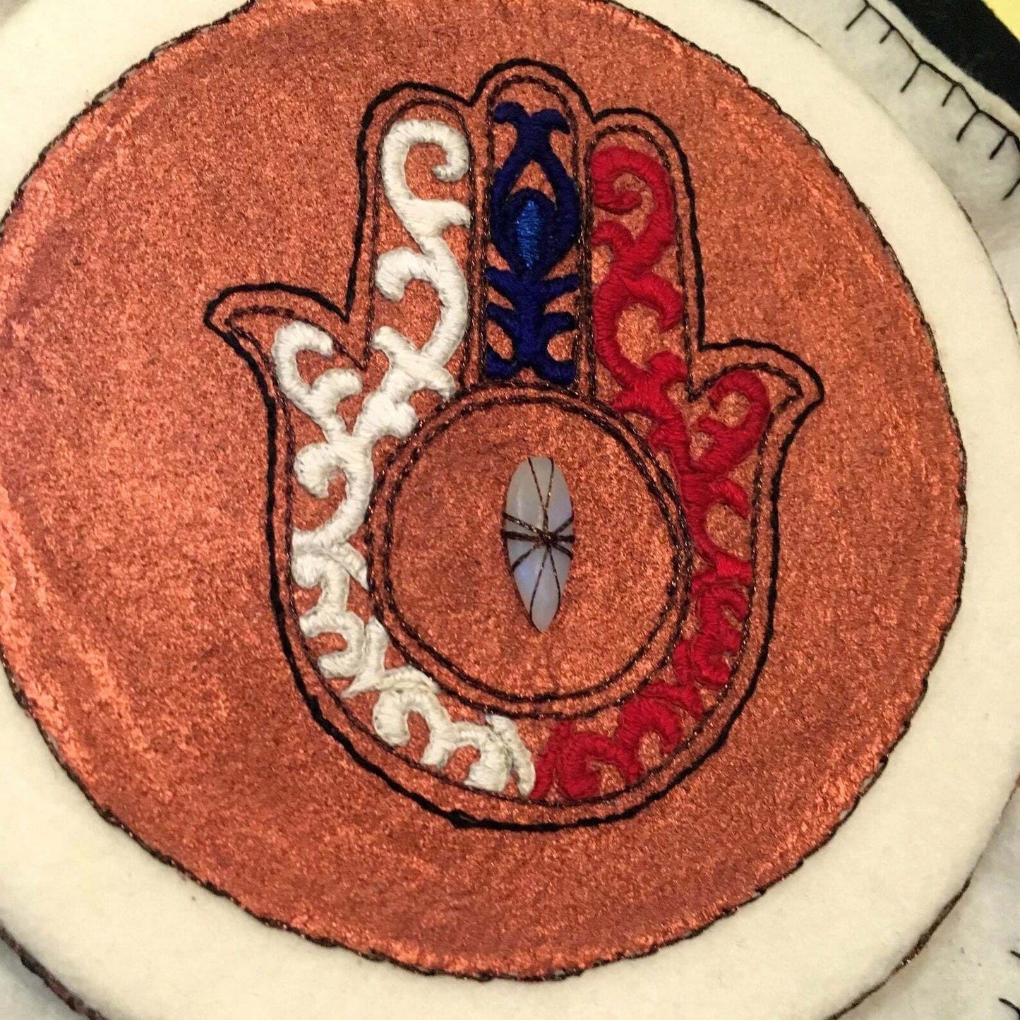 Mixed Media Hamsa | Embroidered Judaica Fiber Art and Paint