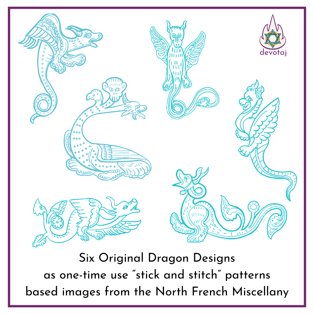 Stick & Stitch Dragon Embroidery Patterns | from Jewish Medieval Manuscript