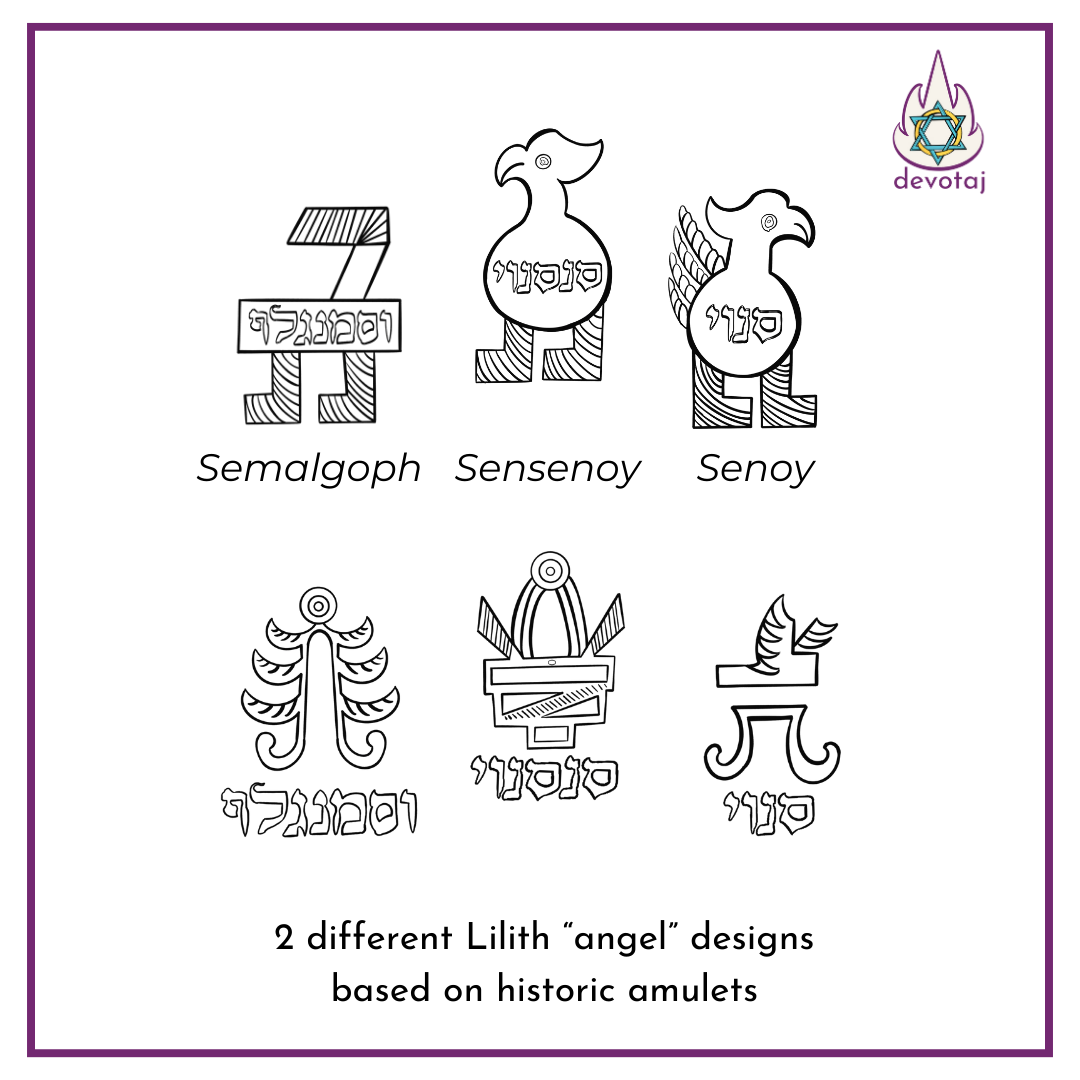 Illustrations of six different Lilith 'angel' designs with labels and a Devolaj logo.