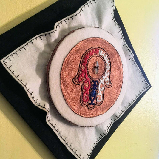 Mixed Media Hamsa | Embroidered Judaica Fiber Art and Paint